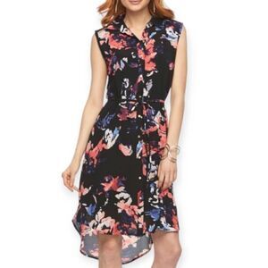 APT.9 BLACK W/PINK & PURPLE FLOWERS SLEEVELESS SHIRT DRESS SZ.XS EUC.